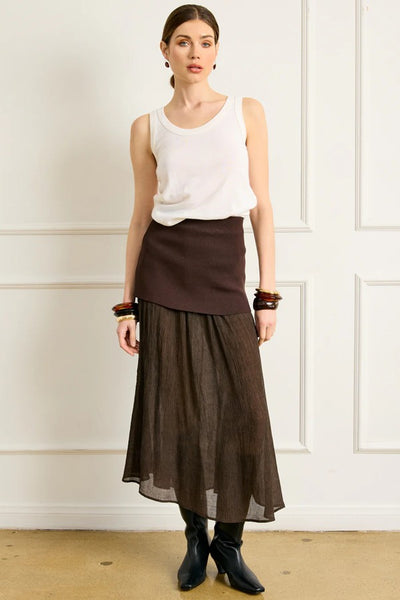 Line and Dot Clothing Rhone Mix-Media Skirt Style LS5605L in Espresso.  Brown Semi Sheer Mixed Media Fall Midi Skirt