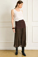 Line and Dot Clothing Rhone Mix-Media Skirt Style LS5605L in Espresso.  Brown Semi Sheer Mixed Media Fall Midi Skirt