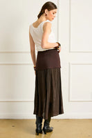 Line and Dot Clothing Rhone Mix-Media Skirt Style LS5605L in Espresso.  Brown Semi Sheer Mixed Media Fall Midi Skirt