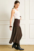 Line and Dot Clothing Rhone Mix-Media Skirt Style LS5605L in Espresso.  Brown Semi Sheer Mixed Media Fall Midi Skirt