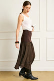 Line and Dot Clothing Rhone Mix-Media Skirt Style LS5605L in Espresso.  Brown Semi Sheer Mixed Media Fall Midi Skirt