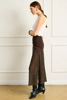 Line and Dot Clothing Rhone Mix-Media Skirt Style LS5605L in Espresso.  Brown Semi Sheer Mixed Media Fall Midi Skirt