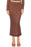 Line and Dot Clothing Richard Plaid Midi Skirt Style LS5617M in Brown Multi; 