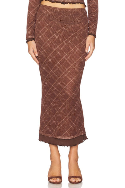 Line and Dot Clothing Richard Plaid Midi Skirt Style LS5617M in Brown Multi; 