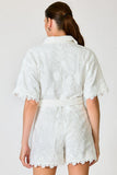 Line and Dot Clothing Tosca Romper LR6343M in White; White Floral embroidered button front spring summer bride to be romper