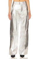 Line and Dot Tinsley wide leg pant in silver metallic, showcasing an elegant and glamorous style with its radiant silver hue and wide leg design Style LP7571B in Silver