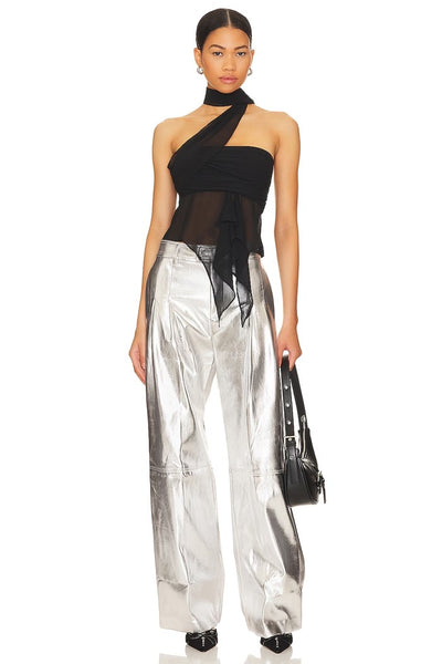 Line and Dot Tinsley wide leg pant in silver metallic, showcasing an elegant and glamorous style with its radiant silver hue and wide leg design Style LP7571B in Silver