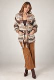 Love Token Clothing ATSA CARDIGAN Style LT27-01 EAR in Earth; Geometric Earthy Stripe wrap style belted cardigan sweater jacket