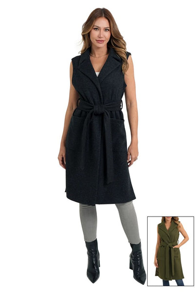 Love Token Clothing Brie Vest Style LT33-115 in Both Olive Green and in Black; Belted Knee Length Fall Vest