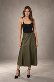 Love Token Clothing MERCEDES PU SKIRT Style LT99-23 OLI in olive; Tonal Belted, Olive Green, Faux Leather A-Line Midi Skirt.