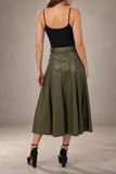Love Token Clothing MERCEDES PU SKIRT Style LT99-23 OLI in olive; Tonal Belted, Olive Green, Faux Leather A-Line Midi Skirt.