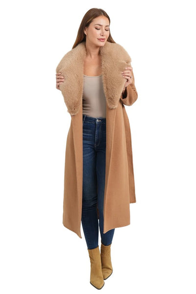 Love Token Clothing Muriel Coat Style LT33-116-CAM in Camel; Long Fall/Winter Dress Coat, Camel Faux Fur Collar Belted Coat