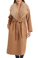 Love Token Clothing Muriel Coat Style LT33-116-CAM in Camel; Long Fall/Winter Dress Coat, Camel Faux Fur Collar Belted Coat