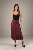 Love Token Clothing MERCEDES PU SKIRT Style LT99-23 WNE in Wine; Tonal Belted, wine red, Faux Leather A-Line Midi Skirt.