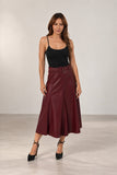 Love Token Clothing MERCEDES PU SKIRT Style LT99-23 WNE in Wine; Tonal Belted, wine red, Faux Leather A-Line Midi Skirt.