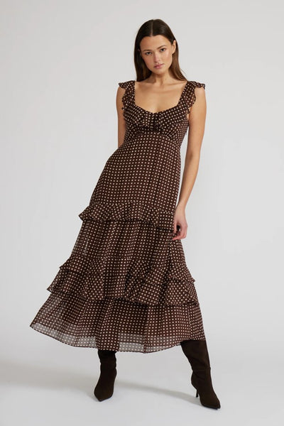 Lucy Paris Clothing Cassandra Tiered Dress Style DR3748-1 BrnCrm in Brown with Cream Polka Dots; Tiered Polka dot  Fall Dress, Perfect Thanksgiving Dress