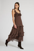 Lucy Paris Clothing Cassandra Tiered Dress Style DR3748-1 BrnCrm in Brown with Cream Polka Dots; Tiered Polka dot  Fall Dress, Perfect Thanksgiving Dress