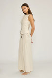 Lucy Paris Clothing Logan Tie Pant Style PA5018 in Beige. Cotton linen blend beaded tie waist pleated wide leg spring summer pant