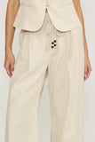Lucy Paris Clothing Logan Tie Pant Style PA5018 in Beige. Cotton linen blend beaded tie waist pleated wide leg spring summer pant