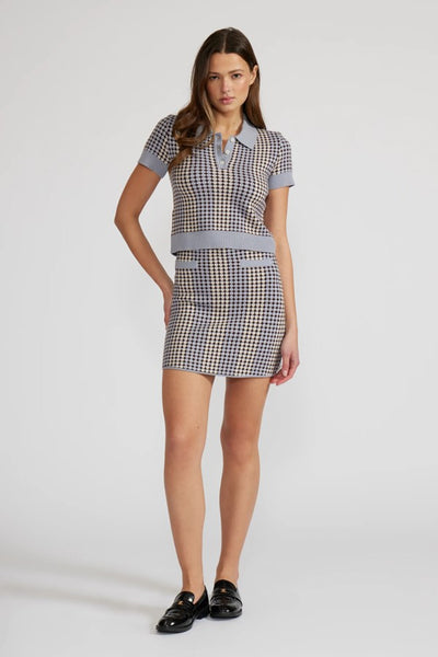 Lucy Paris Clothing Minnie Knit Skirt Style SW1023 in Blue Multi; Geometric Print Fall Knit Mini Skirt; 