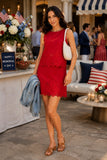 Lucy Paris Clothing Kayla Eyelet Top Style T5440 paired with the matching Line Eyelet Mini Skirt. Red Embroidered Eyelet Cutout hem Spring Summer Top. Red cotton blend embroidered eyelet cutout detail hem spring summer top.