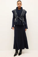 Marie Oliver Clothing BEATRICE VEST Style 855-306B-108 in Naval Blue; Quilted Vegan Leather Vest; Navy Blue Sherpa Trim Belted Fall/Winter Vest