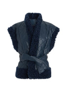 Marie Oliver Clothing BEATRICE VEST Style 855-306B-108 in Naval Blue; Quilted Vegan Leather Vest; Navy Blue Sherpa Trim Belted Fall/Winter Vest