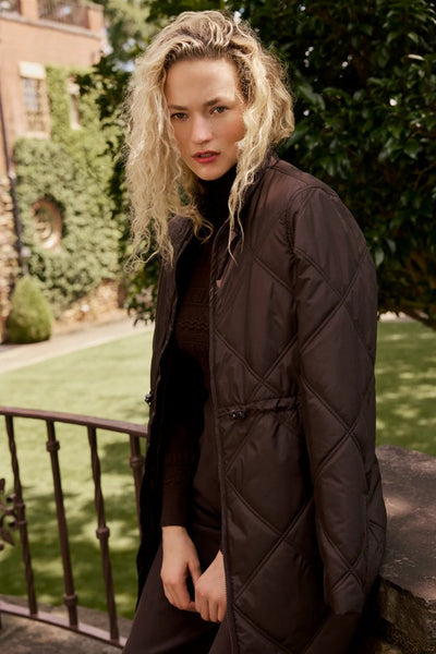 Marie Oliver Clothing Aiden Coat Style 844-125B-186 in Walnut; Brown Quilted Knee Length Coat;  Fall Coat