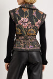 Marie Oliver Clothing Bowie Vest Style 837-188C-214 in Nightshade; Black Floral Print Quilted, Tie Belted waist, Shawl Collar Vest.