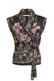 Marie Oliver Clothing Bowie Vest Style 837-188C-214 in Nightshade; Black Floral Print Quilted, Tie Belted waist, Shawl Collar Vest.