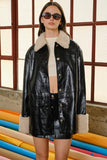 Maude Club Clothing Joplin Jacket Style MC379J in Patent Black; Patent Black Faux Leather Long Jacket With Faux Sherpa Collar and Sleeve Cuffs