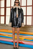 Maude Club Clothing Joplin Jacket Style MC379J in Patent Black; Patent Black Faux Leather Long Jacket With Faux Sherpa Collar and Sleeve Cuffs