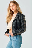 Mauritius Leather Cora RF in  Black. Embroidered Leather Jacket.  Black zip front edgy embroidered women's soft real leather jacket.
