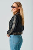 Mauritius Leather Cora RF in  Black. Embroidered Leather Jacket.  Black zip front edgy embroidered women's soft real leather jacket.