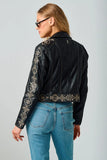 Mauritius Leather Cora RF in  Black. Embroidered Leather Jacket.  Black zip front edgy embroidered women's soft real leather jacket.