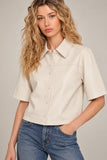 Melissa Nepton Daria Vegan Leather Top Style f266760vl in cream; Faux Leather, Short Sleeve, Button Front Top.