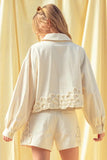 Miou Muse Clothing Floral Embroidered Embellishment Detail Jacket J4267ST in Ecru, Floral Embroidered Button front Spring Top