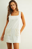 Miou Muse Clothing Square Neck short sleeve Linen Dress With Eyelet Pocket Style D5952 in Off White. Linen cotton blend tank strap A-line spring summer mini dress with eyelet detail front pockets