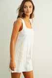 Miou Muse Clothing Square Neck short sleeve Linen Dress With Eyelet Pocket Style D5952 in Off White. Linen cotton blend tank strap A-line spring summer mini dress with eyelet detail front pockets