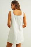 Miou Muse Clothing Square Neck short sleeve Linen Dress With Eyelet Pocket Style D5952 in Off White. Linen cotton blend tank strap A-line spring summer mini dress with eyelet detail front pockets