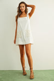 Miou Muse Clothing Square Neck short sleeve Linen Dress With Eyelet Pocket Style D5952 in Off White. Linen cotton blend tank strap A-line spring summer mini dress with eyelet detail front pockets