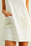 Miou Muse Clothing Square Neck short sleeve Linen Dress With Eyelet Pocket Style D5952 in Off White. Linen cotton blend tank strap A-line spring summer mini dress with eyelet detail front pockets