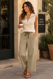 Miou Muse Clothing Striped Pattern washed barrel pants with belt style P6194 in olive. Cotton Stretch blend olive stripe rope belt slightly cropped mid rise barrel pant.