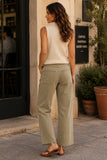 Miou Muse Clothing Striped Pattern washed barrel pants with belt style P6194 in olive. Cotton Stretch blend olive stripe rope belt slightly cropped mid rise barrel pant.