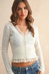 Miou Muse Lace Contrast Knit Cardigan Top Style T5447 in Cream; Lace Trim V-Neck Pre Fall Cardigan