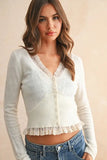 Miou Muse Lace Contrast Knit Cardigan Top Style T5447 in Cream; Lace Trim V-Neck Pre Fall Cardigan
