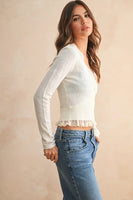 Miou Muse Lace Contrast Knit Cardigan Top Style T5447 in Cream; Lace Trim V-Neck Pre Fall Cardigan