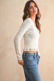 Miou Muse Lace Contrast Knit Cardigan Top Style T5447 in Cream; Lace Trim V-Neck Pre Fall Cardigan