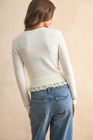 Miou Muse Lace Contrast Knit Cardigan Top Style T5447 in Cream; Lace Trim V-Neck Pre Fall Cardigan