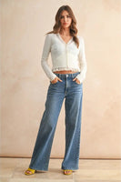Miou Muse Lace Contrast Knit Cardigan Top Style T5447 in Cream; Lace Trim V-Neck Pre Fall Cardigan
